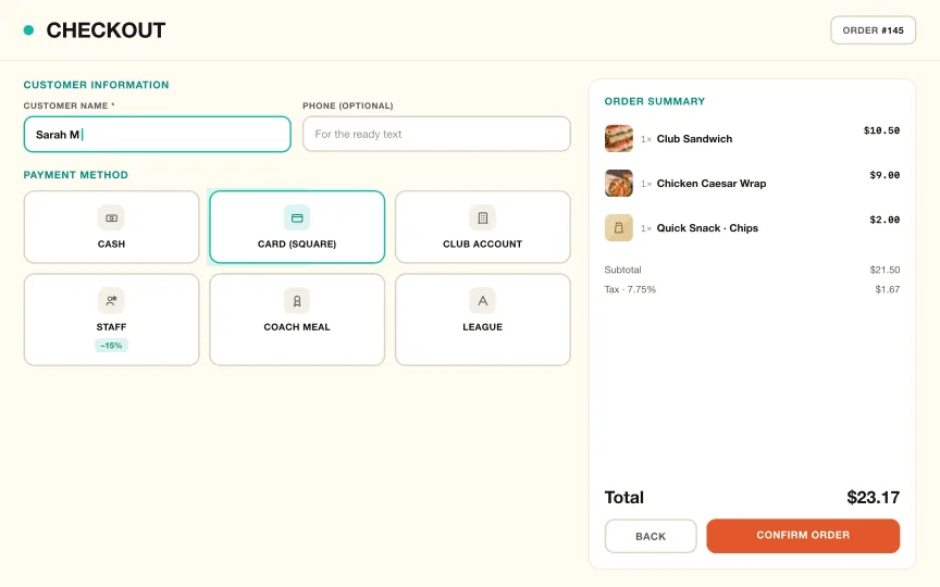 Cafe system: Club accounts, staff rates, one tap